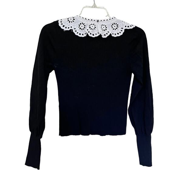 Zara black ribbed sweater with contrasting white embroidered collar size Small - Picture 5 of 10